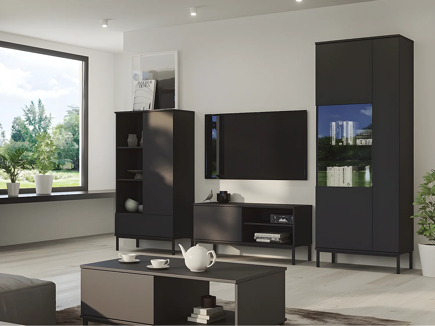 Scaffale Lomsore 103, Con cassetti|Con porte, Truciolare laminato, 140x70x41cm, Nero