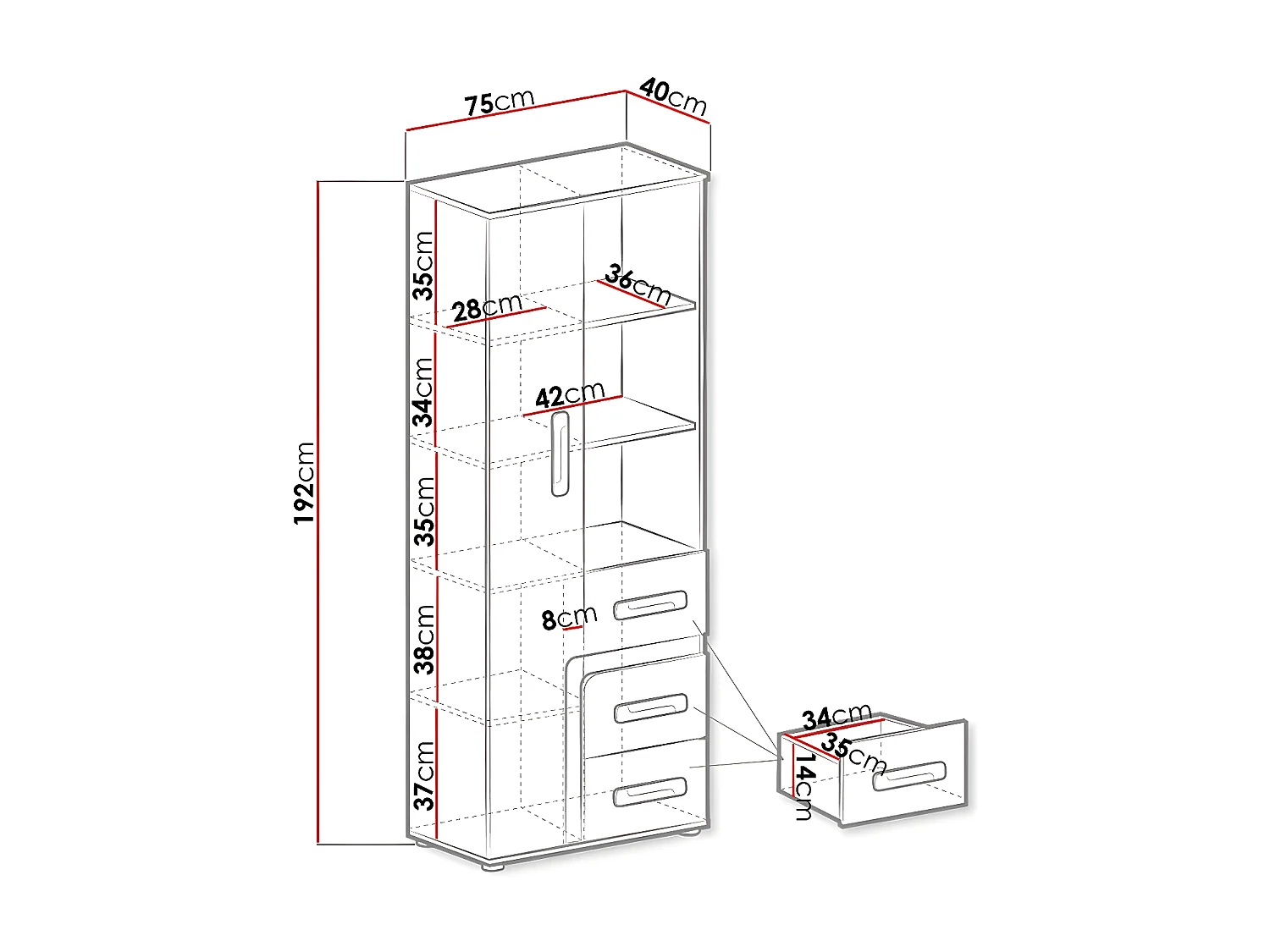 Estantería Aviseve 105, Cerrable|Con cajones|Con puertas, Aglomerado laminado, 192x75cm