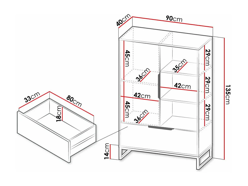 Estantería Romcama 104, Con puertas|Con cajones, Aglomerado laminado, 135x90x40cm