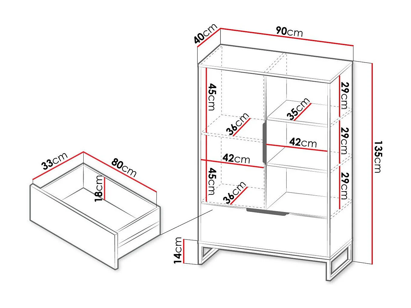 Étagère Romcama 104, Avec tiroirs|Avec des portes, Stratifié, 135x90x40cm