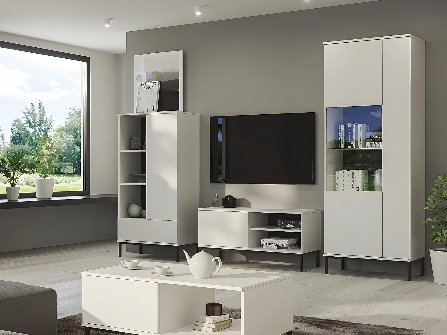 Estantería Lomsore 103, Con puertas|Con cajones, Aglomerado laminado, 140x70x41cm, Blanco