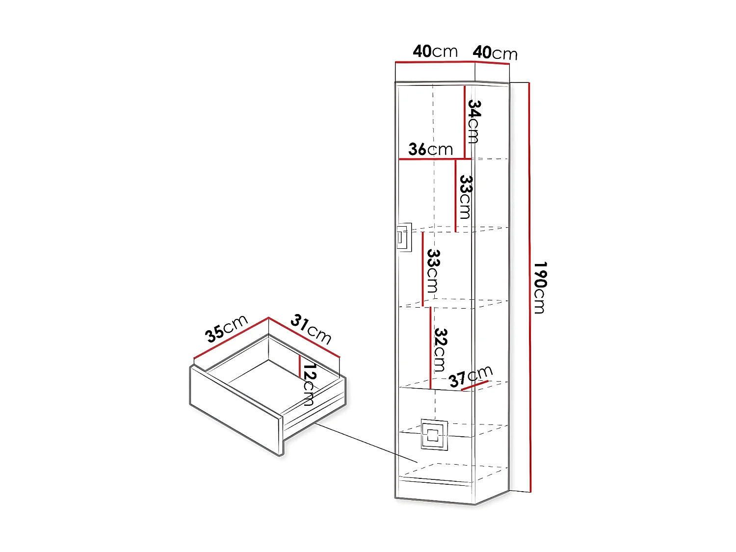 Estantería Tolfere 104, Con puertas|Cerrable|Con cajones, Aglomerado laminado, 190x40cm