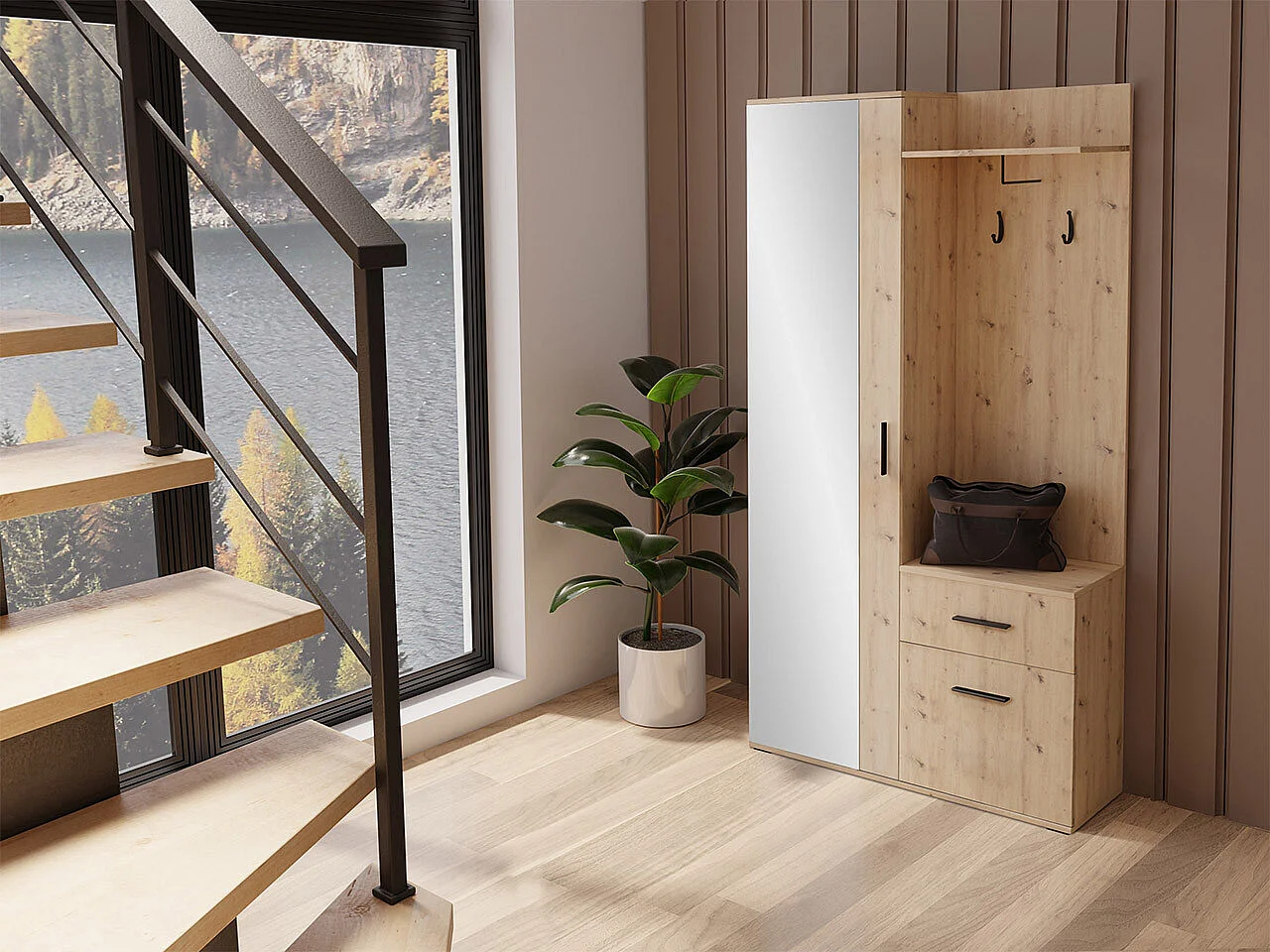 Meuble d'entrée Stanton 103, 195x97x30cm, Miroir, Chêne Artisan, Stratifié, À poser