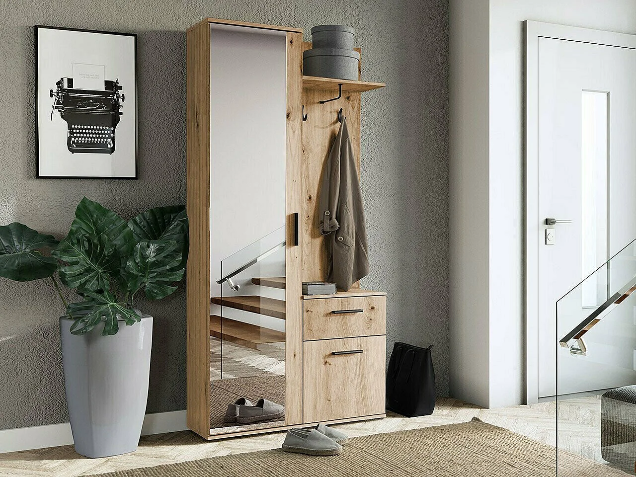 Meuble d'entrée Stanton 103, 195x97x30cm, Miroir, Chêne Artisan, Stratifié, À poser