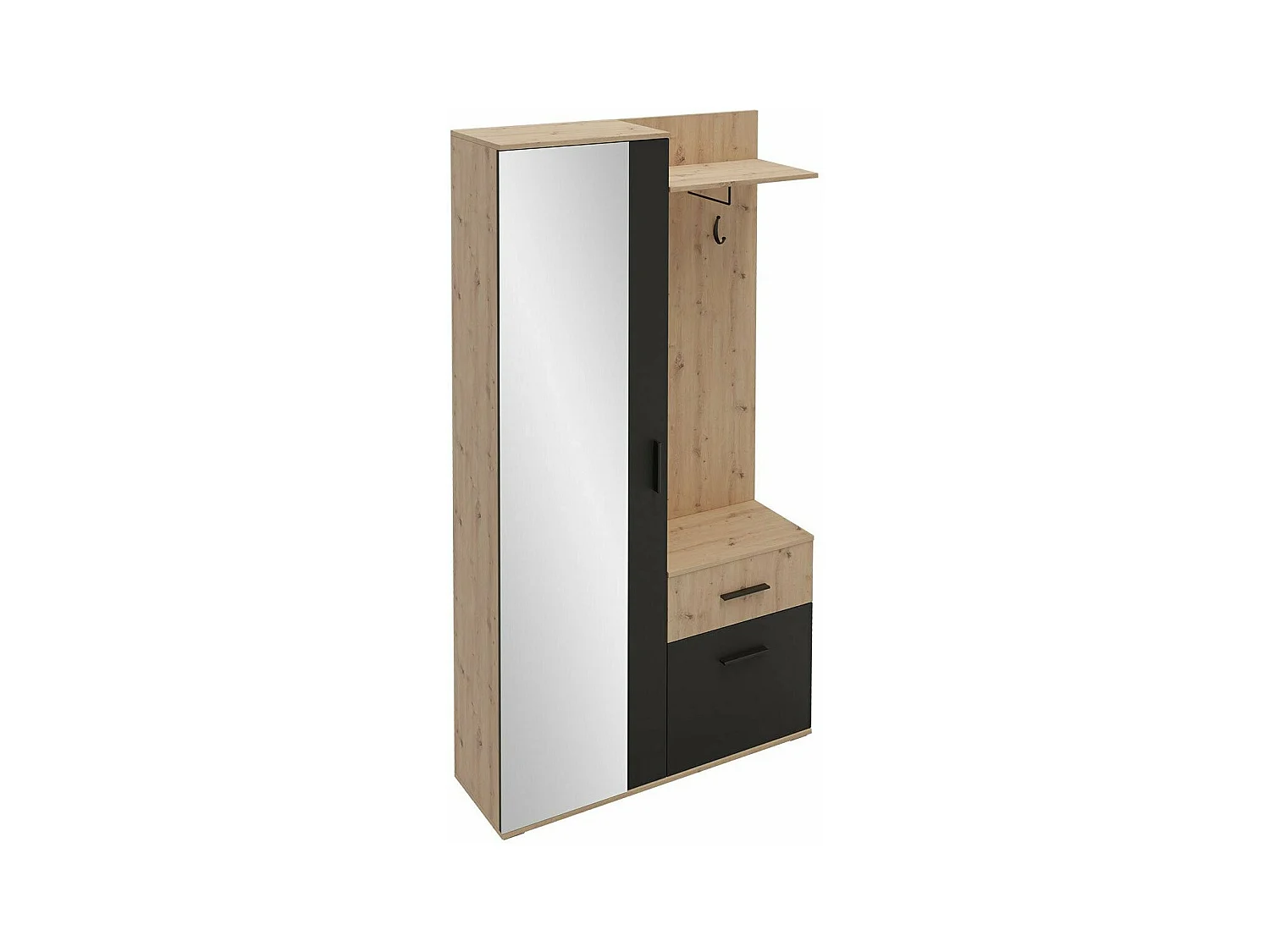 Meuble d'entrée Stanton 103, 195x97x30cm, Miroir, Chêne Artisan|Noir, Stratifié, À poser