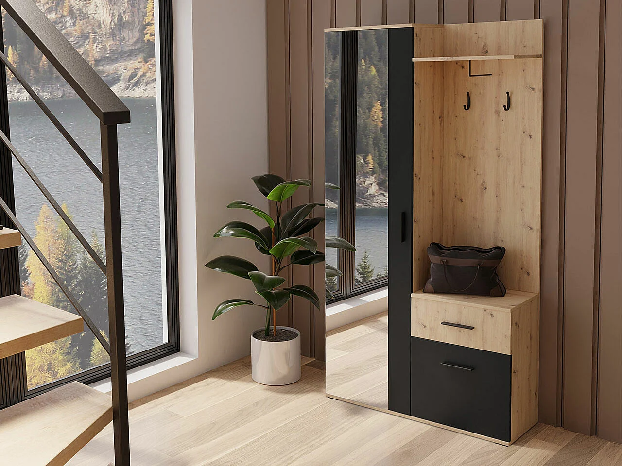 Conjunto pasillo Stanton 103, 195x97x30cm, Espejo, Negro|Roble Artisan, Colocada