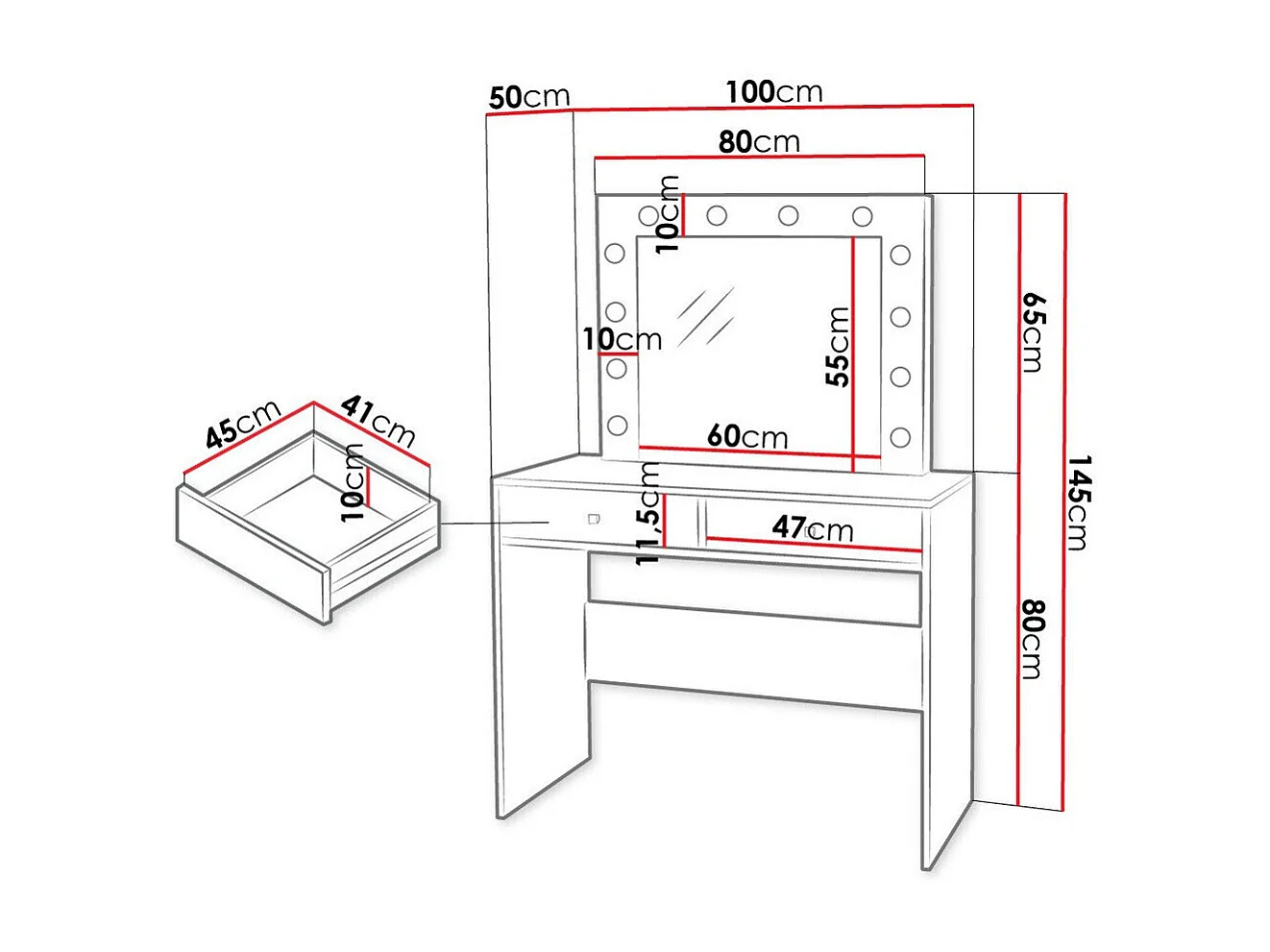 Tocador Bedford 100, Blanco, Espejo, 145x100x50cm