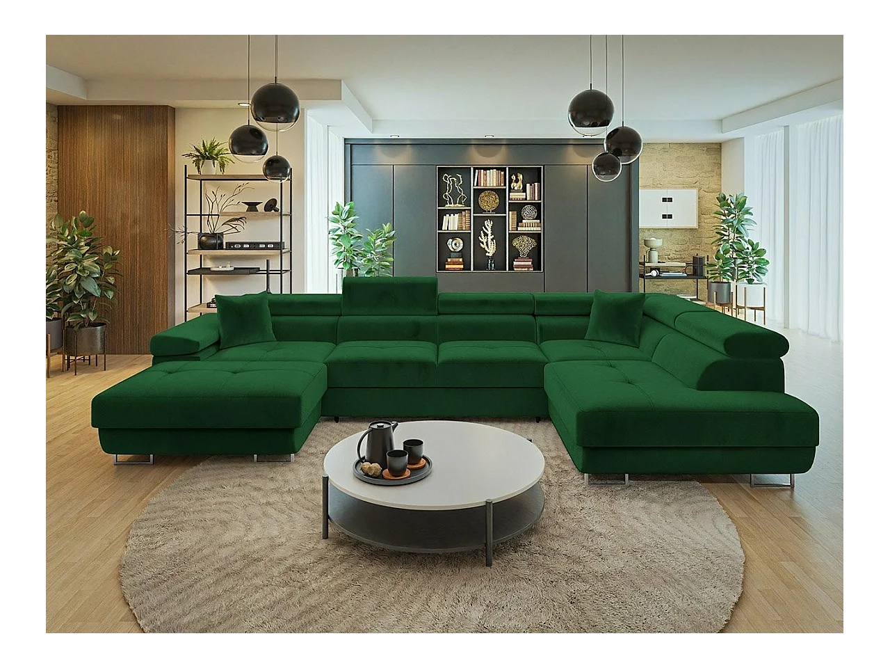 Canapé d'angle Comfivo Eliferu 103, Vert, Fonction de couchage, Boîte de literie, 346cm