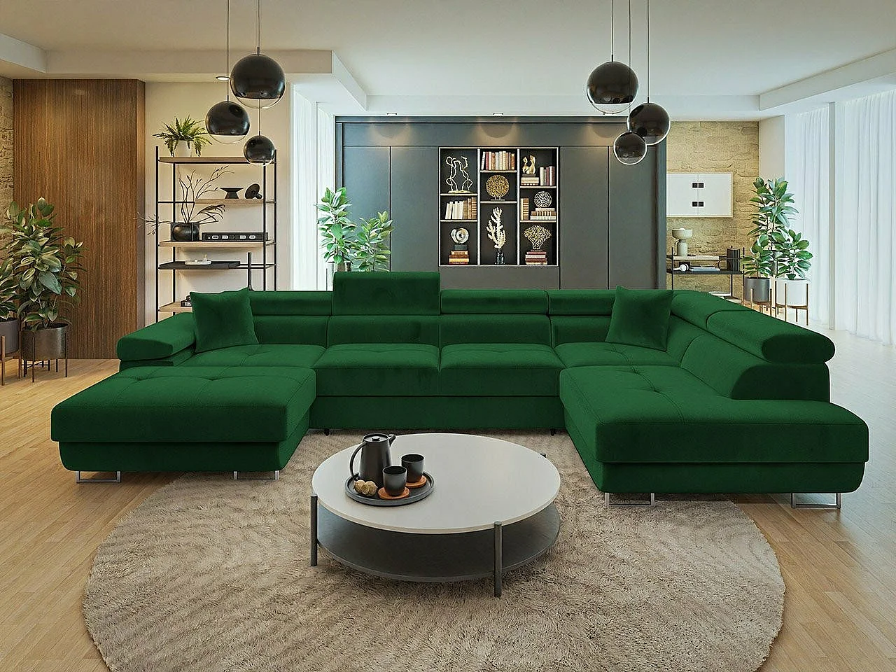 Sofá rinconero Comfivo Eliferu 103, Verde, Función de descanso, Almacenaje, 346x203x70cm