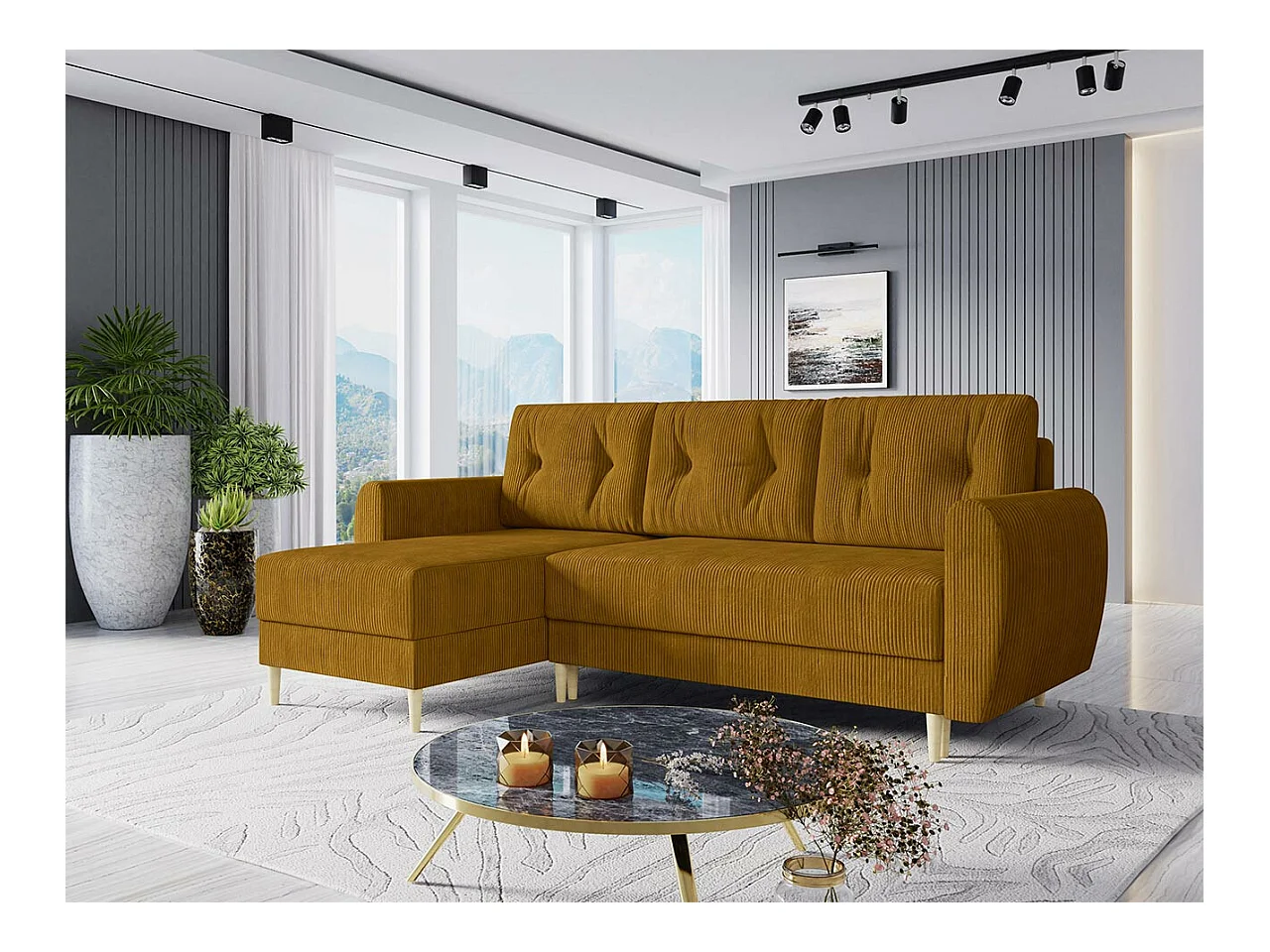 Canapé d'angle Memphis 139, Jaune, Fonction de couchage, Boîte de literie, 234x139x95cm