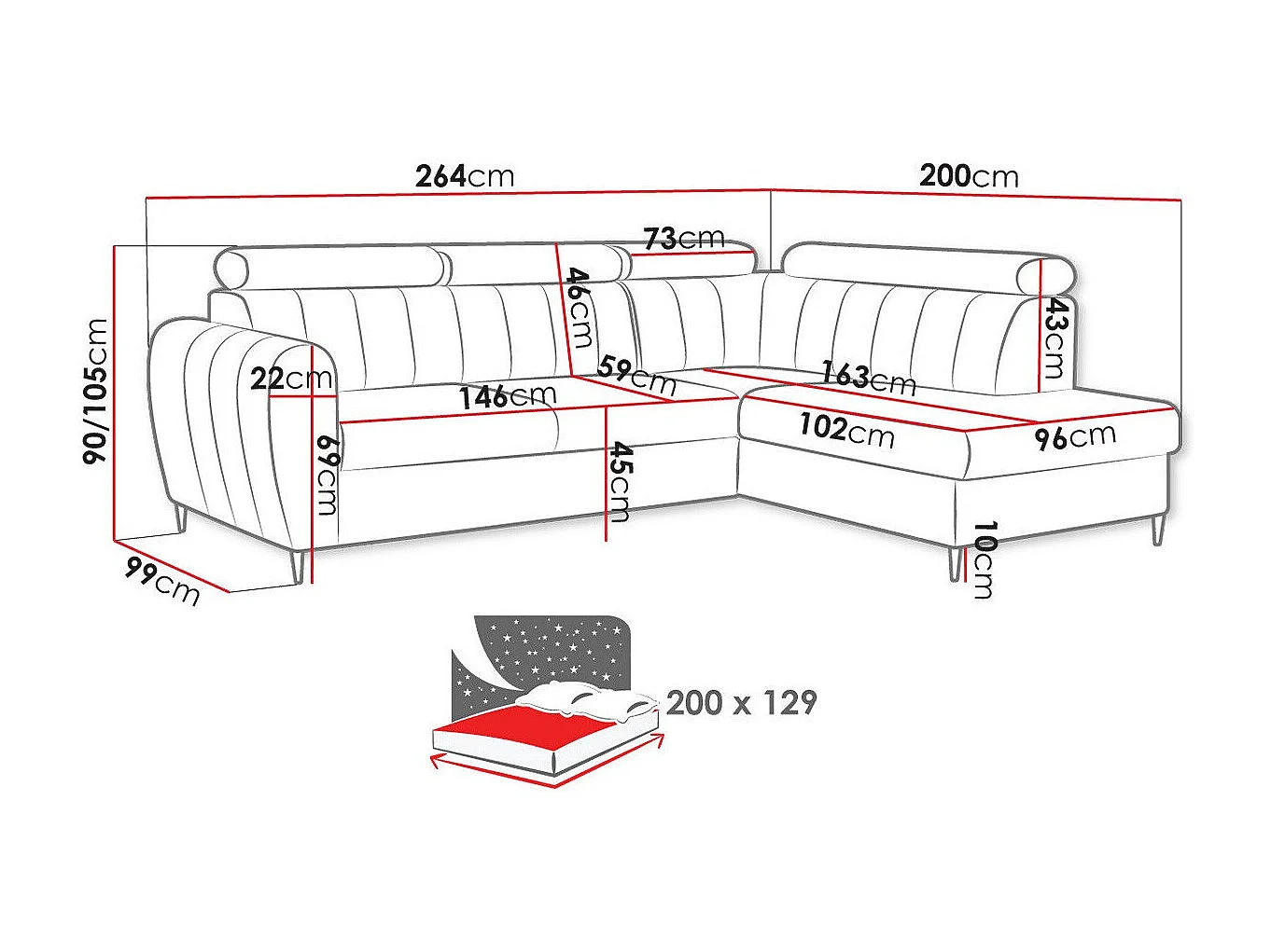 Sofá rinconero Temple 125, Gris, Función de descanso, Almacenaje, 264x200x90cm