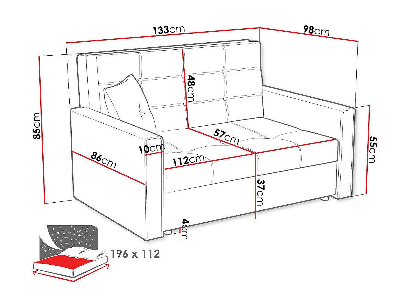 Sofá-cama Columbus 100, Cama com arrumação, 9x13x10cm