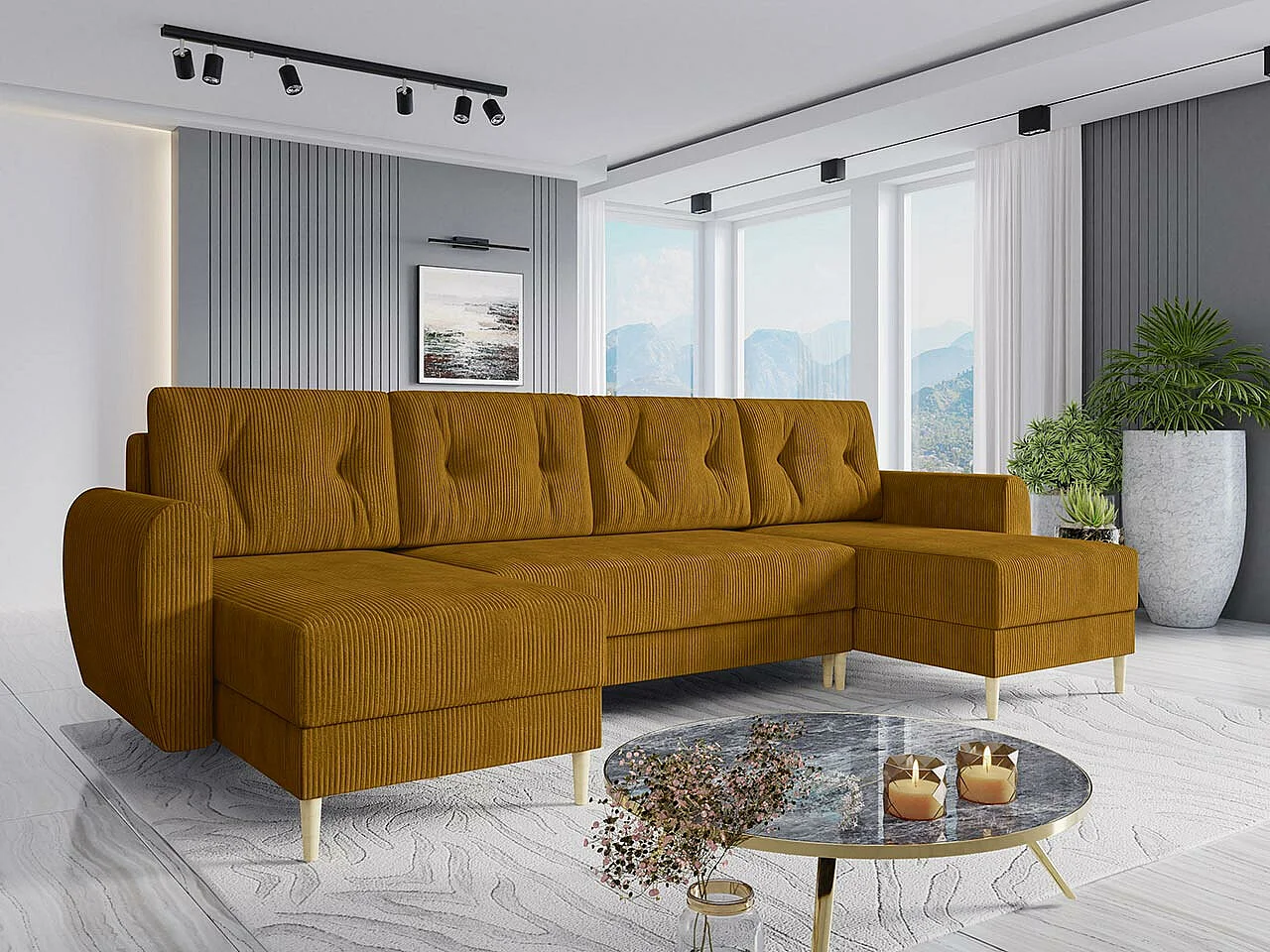 Canapé d'angle Memphis 140, Jaune, Fonction de couchage, Boîte de literie, 307x139x95cm