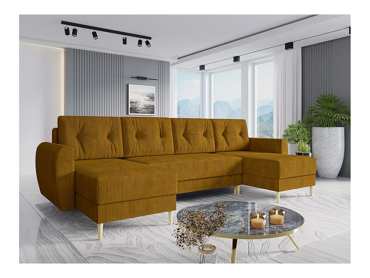 Canapé d'angle Memphis 140, Jaune, Fonction de couchage, Boîte de literie, 307x139x95cm