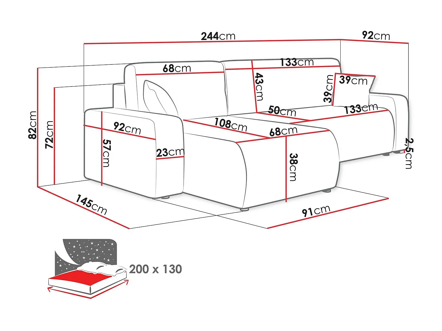 Ecksofa mit Bettkasten und Schlaffunktion - 244x145x82 cm - Poso 110 - Piano