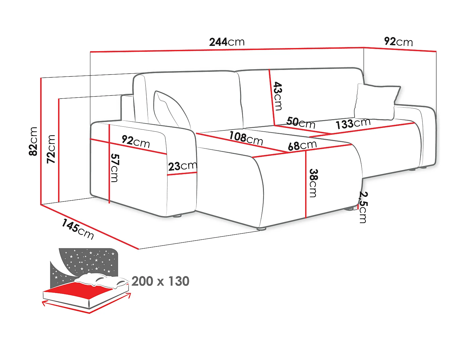 Ecksofa mit Bettkasten und Schlaffunktion - 244x145x82 cm - Poso 110 - Piano