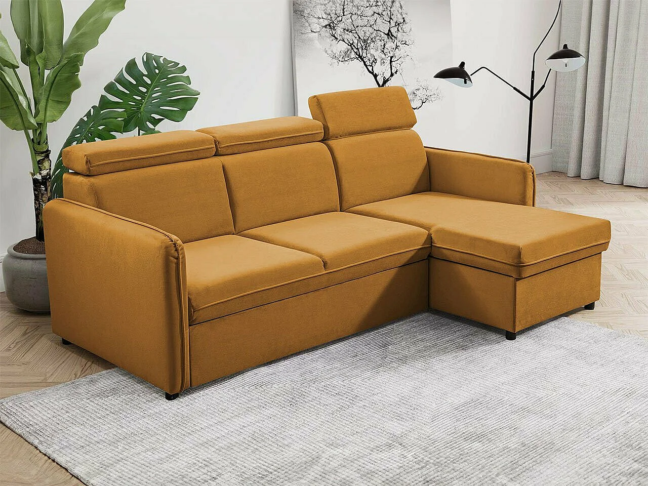 Sofá rinconero Temple 127, Amarillo, Función de descanso, Almacenaje, 220x140x84cm