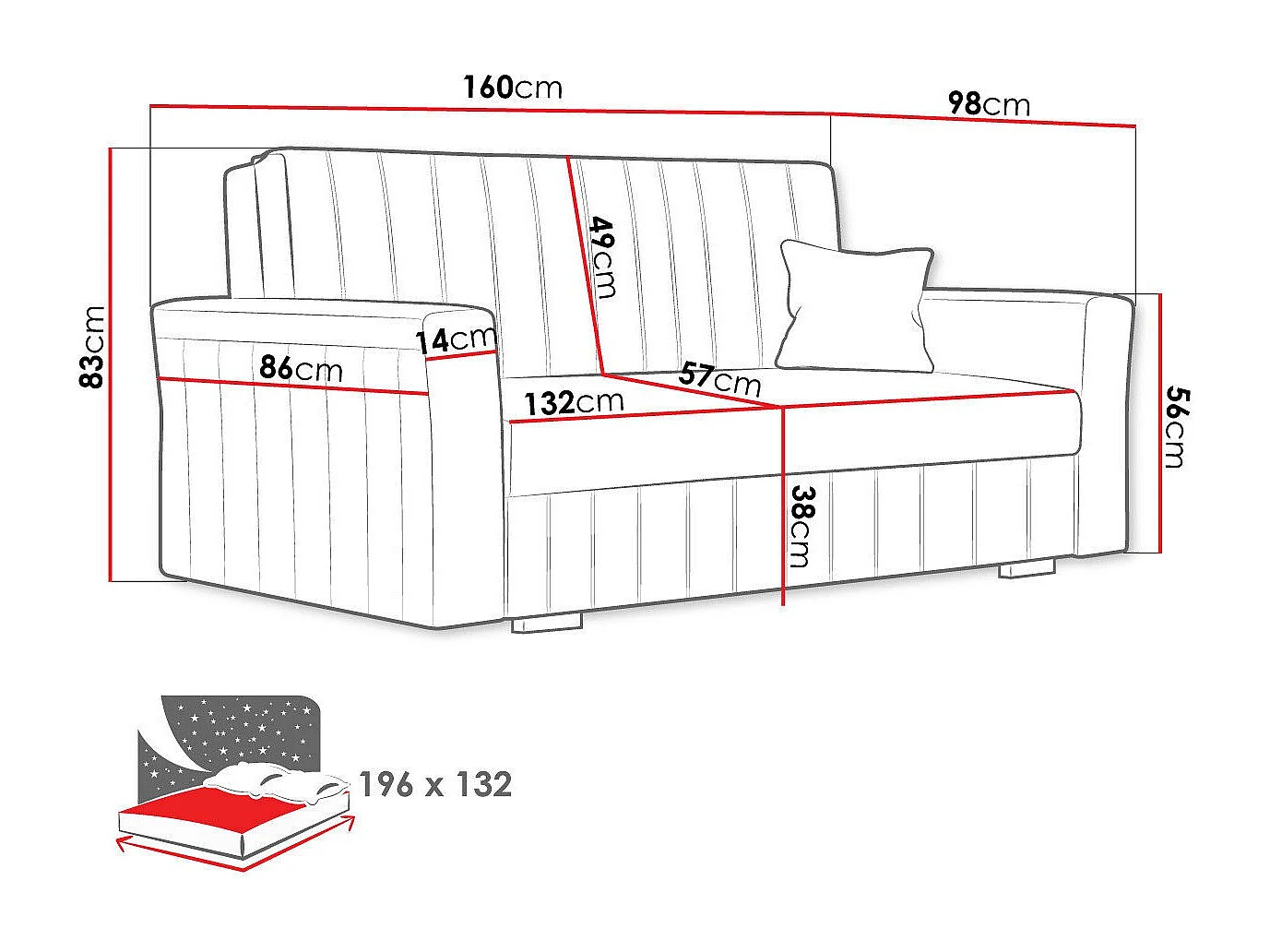 Sofá-cama Columbus 137, Almacenaje, 83x160x98cm, Muebles ya montados