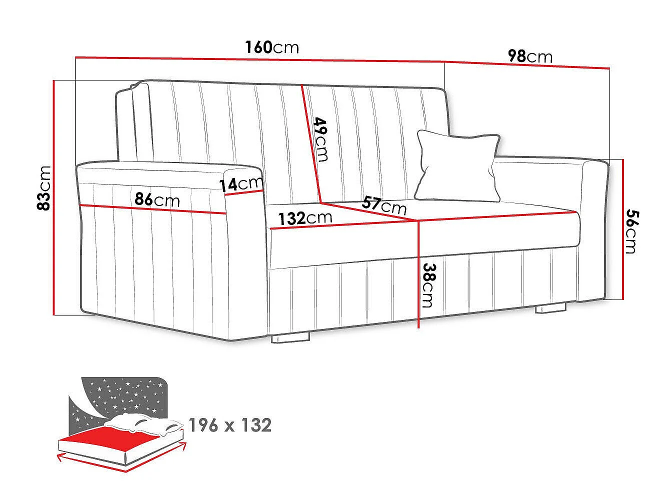 Sofá cama Orinen III, Almacenaje, 83x160x98cm, Muebles ya montados