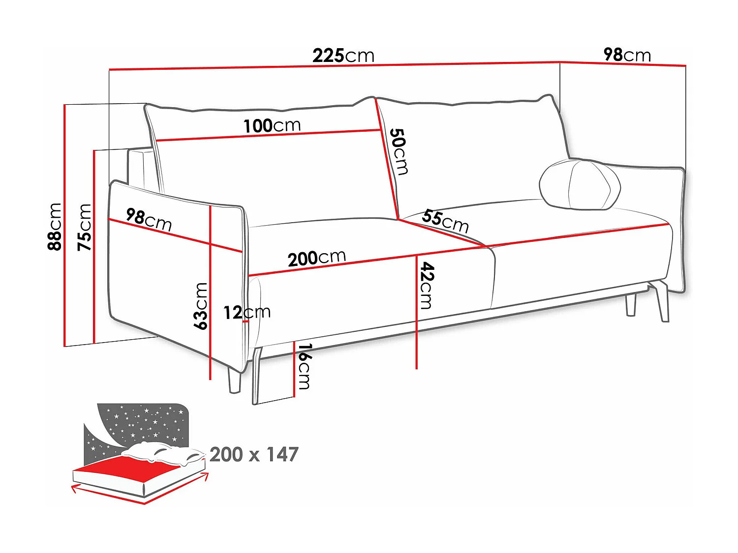 Divano letto Columbus 216, Con, 88x225x98cm