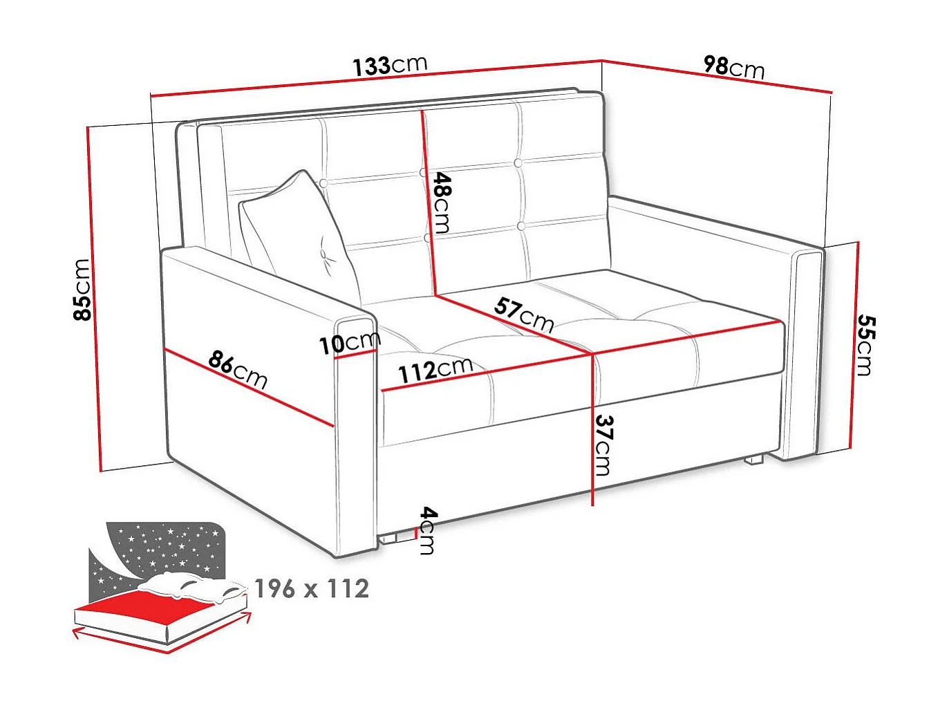 Canapé convertible Columbus 100, Disponible, 85x133x98cm, Mobilier déjà assemblé