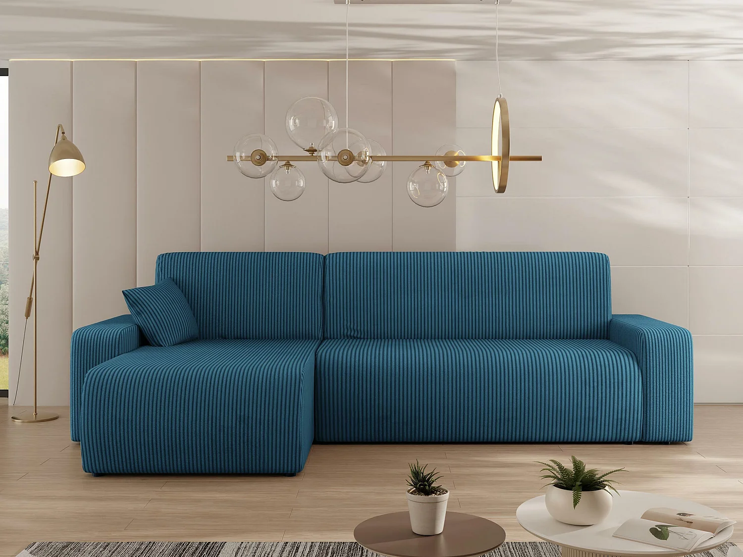 Sofá rinconero Shelton 102, Azul, Función de descanso, Almacenaje, 244x145x82cm