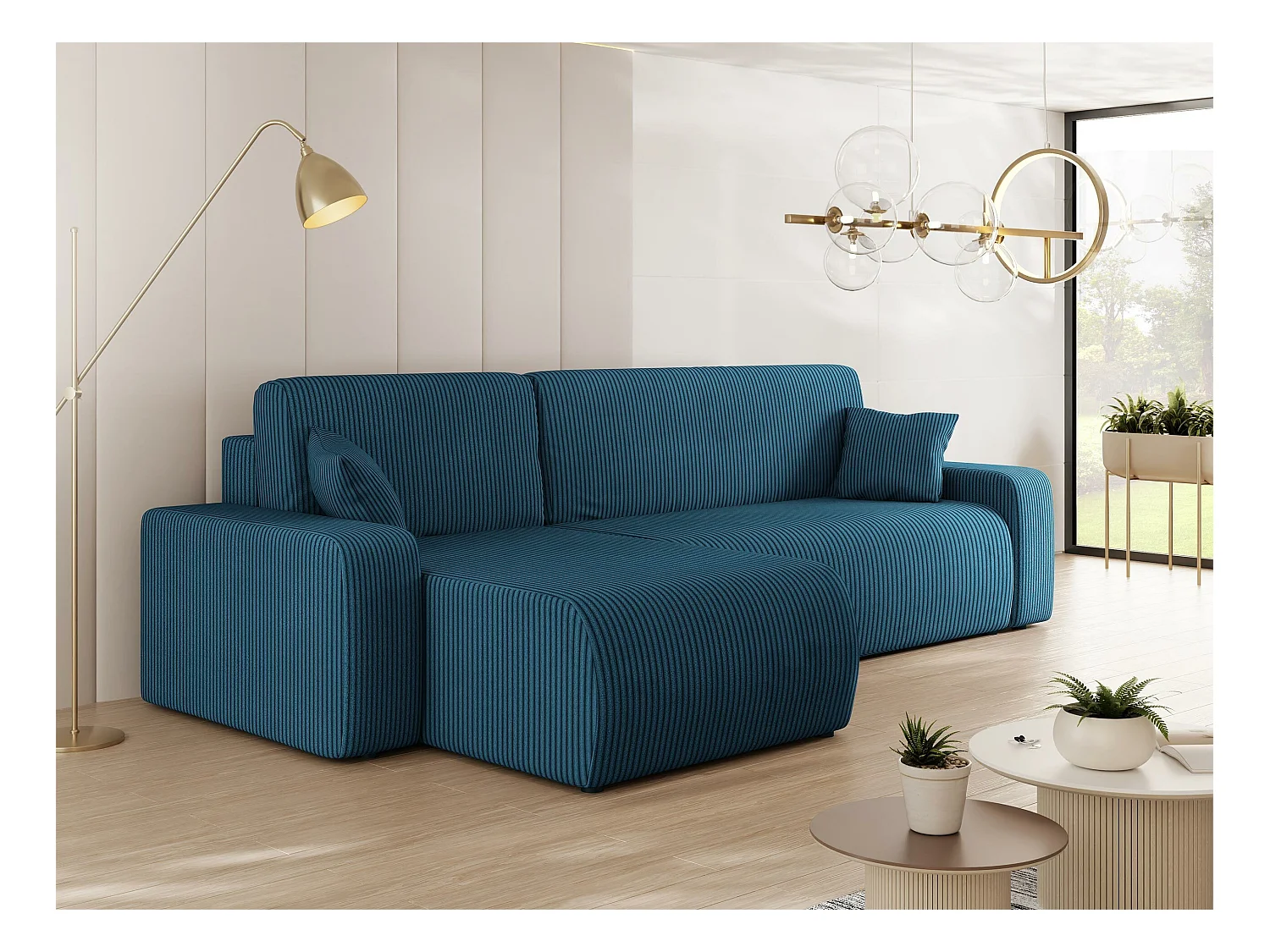 Canapé d'angle Shelton 102, Bleu, Fonction de couchage, Boîte de literie, 244x145x82cm