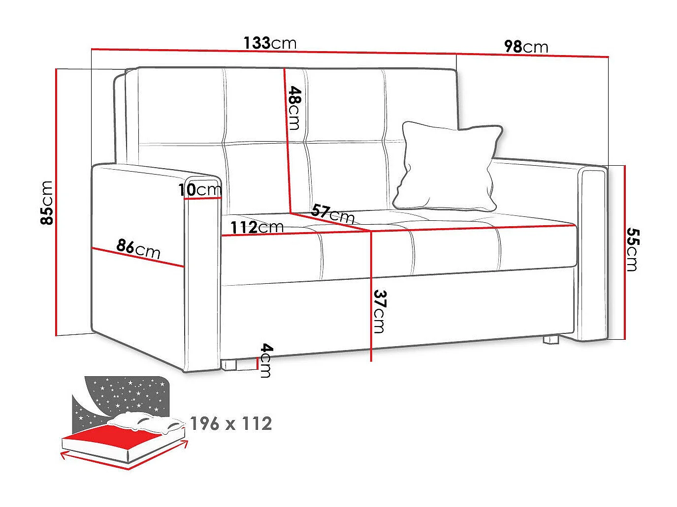 Canapé convertible 2 places en tissu rouge COLUMBUS 85x133x98 cm