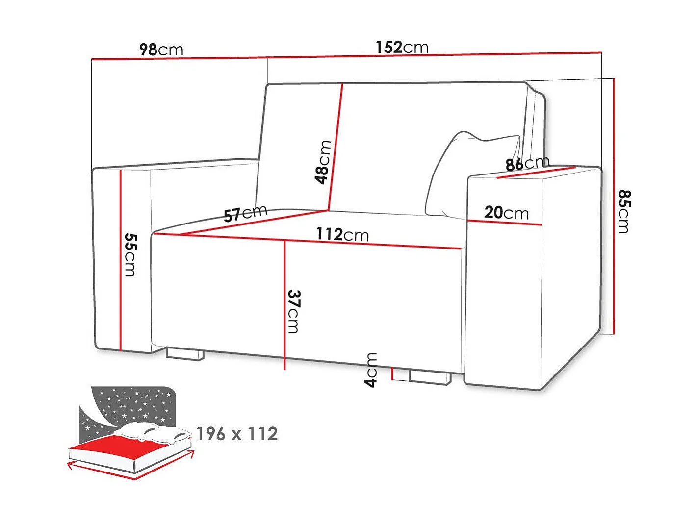 Sofá cama Columbus 194, Cama com arrumação, 9x15x10cm