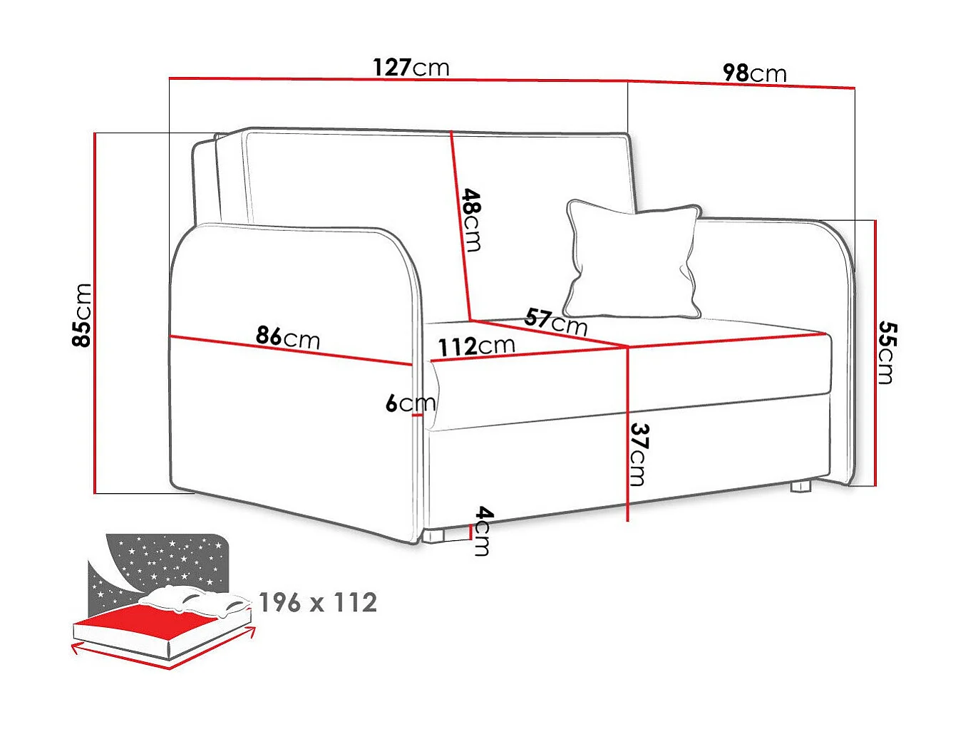 Divano letto Columbus 124, Con, 85x127x98cm, Mobile già assemblato
