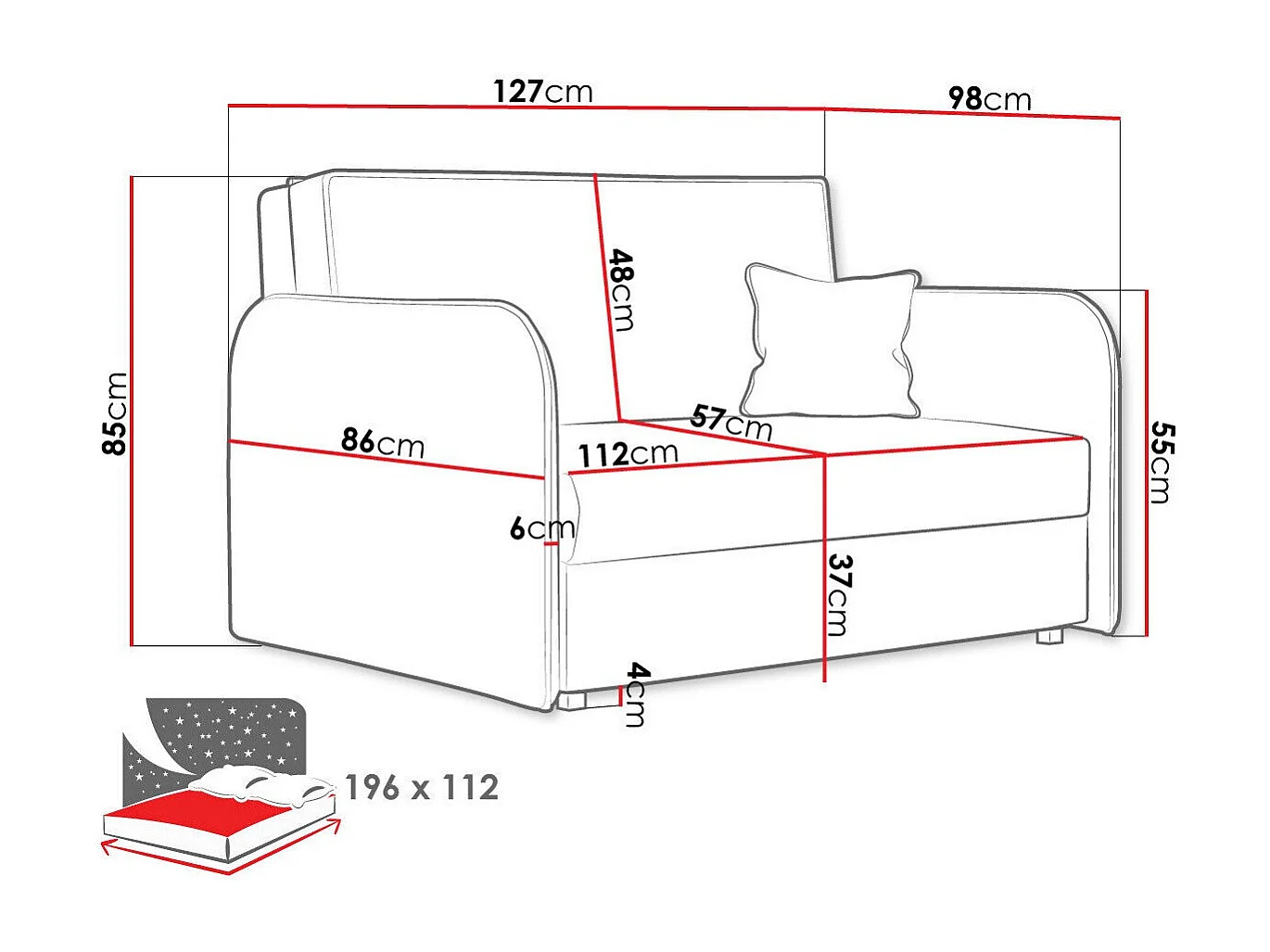 Canapé convertible Columbus 124, Disponible, 85x127x98cm, Mobilier déjà assemblé
