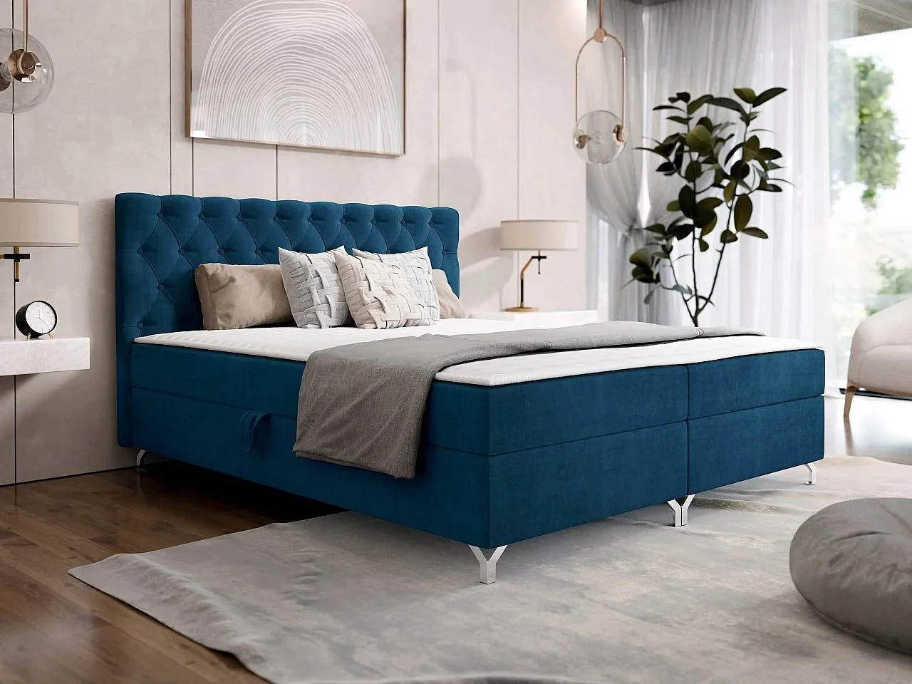 Letto continentale Memphis 141, Continentale, Doppio, Blu, 140x200, Con, 146x207x114cm
