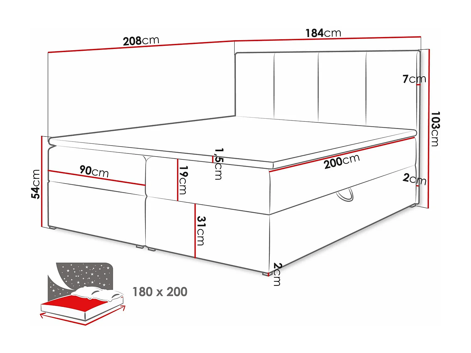 Cama continental Baltimore 147, Continental, Doble, Negro, 180x200, Tapiz, Somieres,