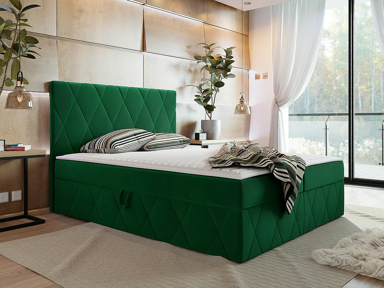 Cama continental Comfivo 225, Continental, Doble, Verde, 160x200, Tapiz, Somieres, 163cm
