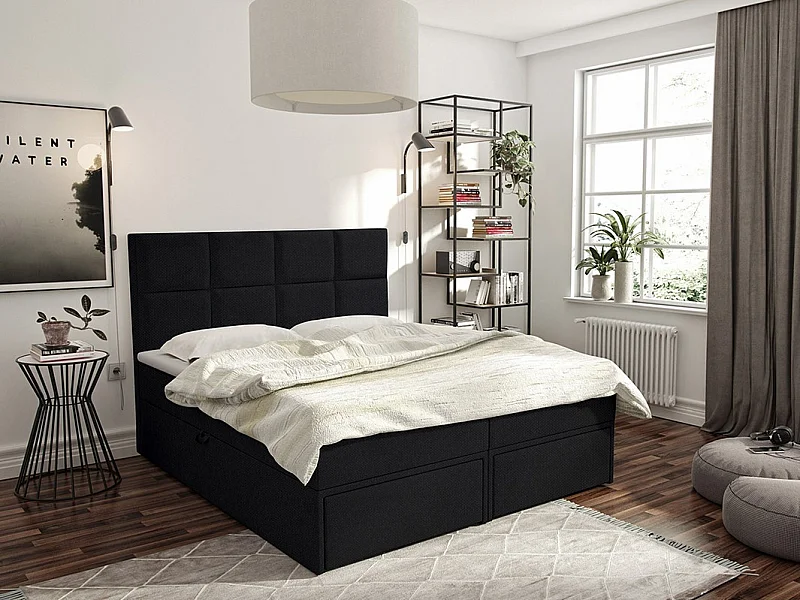 Cama continental Eugene 101, Doble, Continental, Negro, 140x200, Tapiz, Somieres, 140cm