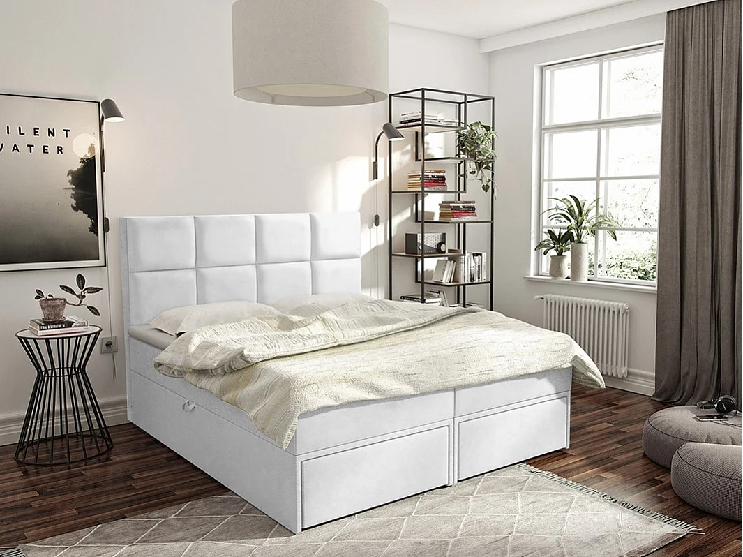 Cama continental Eugene 101, Doble, Continental, Blanco, 160x200, Cuero ecológico, 160cm