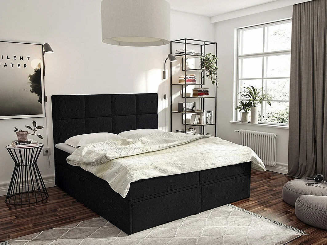 Cama continental Eugene 101, Doble, Continental, Negro, 180x200, Tapiz, Somieres, 180cm
