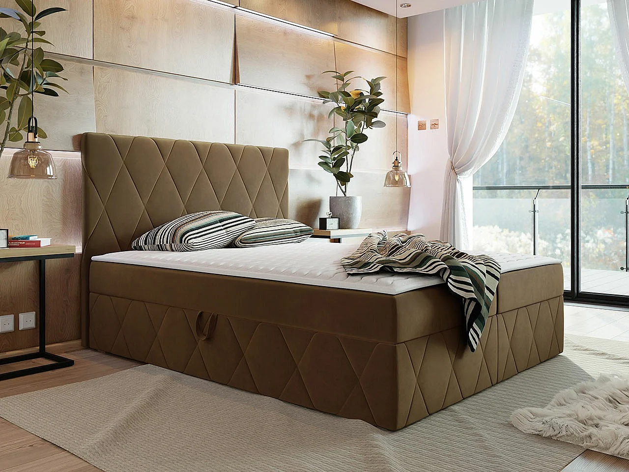 Lit continental Comfivo 225, Double, Continental, Marron, 160x200, Tapisserie, 163x206cm