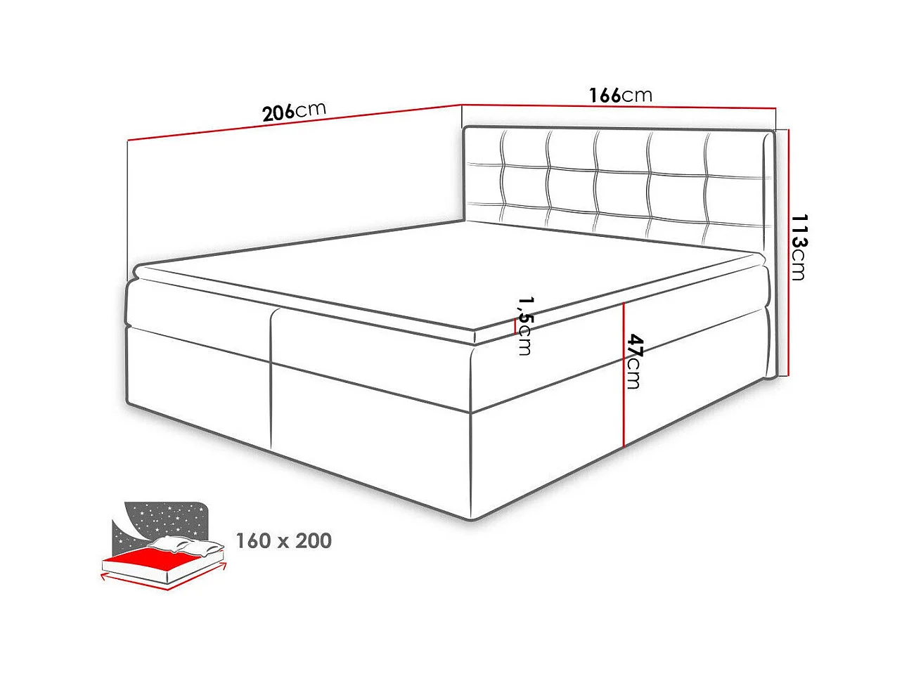Lit continental Comfivo 195, Continental, Double, Blanc, 160x200, Faux cuir, 166x206cm