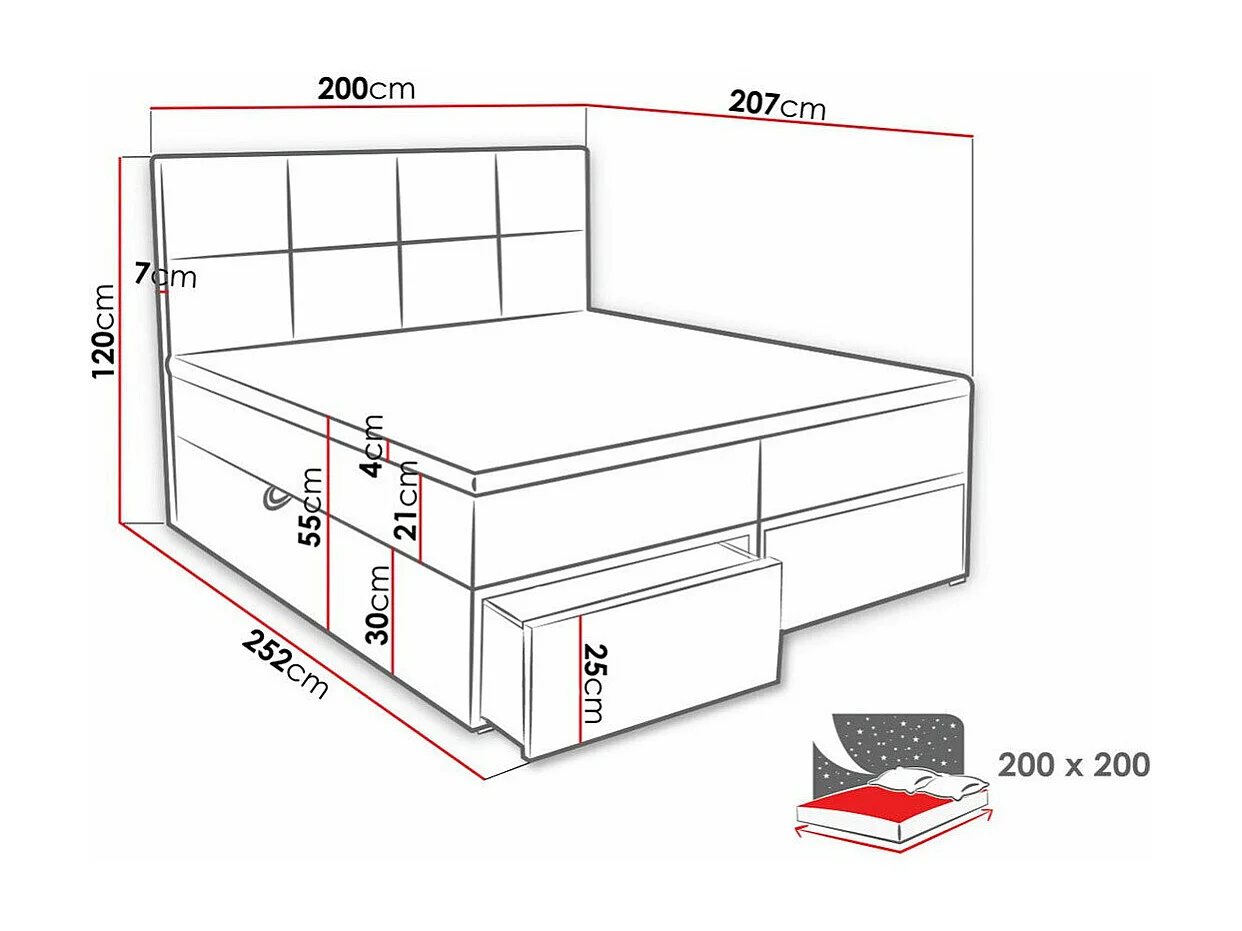 Lit continental Eugene 101, Continental, Double, Noir, 200x200, Faux cuir, 200x207x120cm