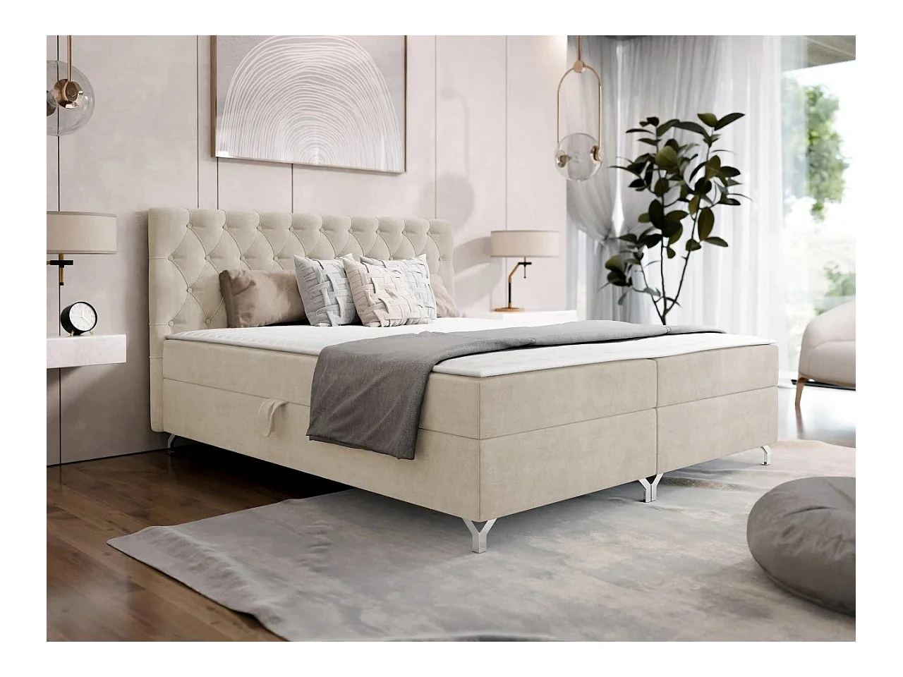 Lit continental Memphis 141, Double, Continental, Brun clair, 140x200, Sommier à lattes,