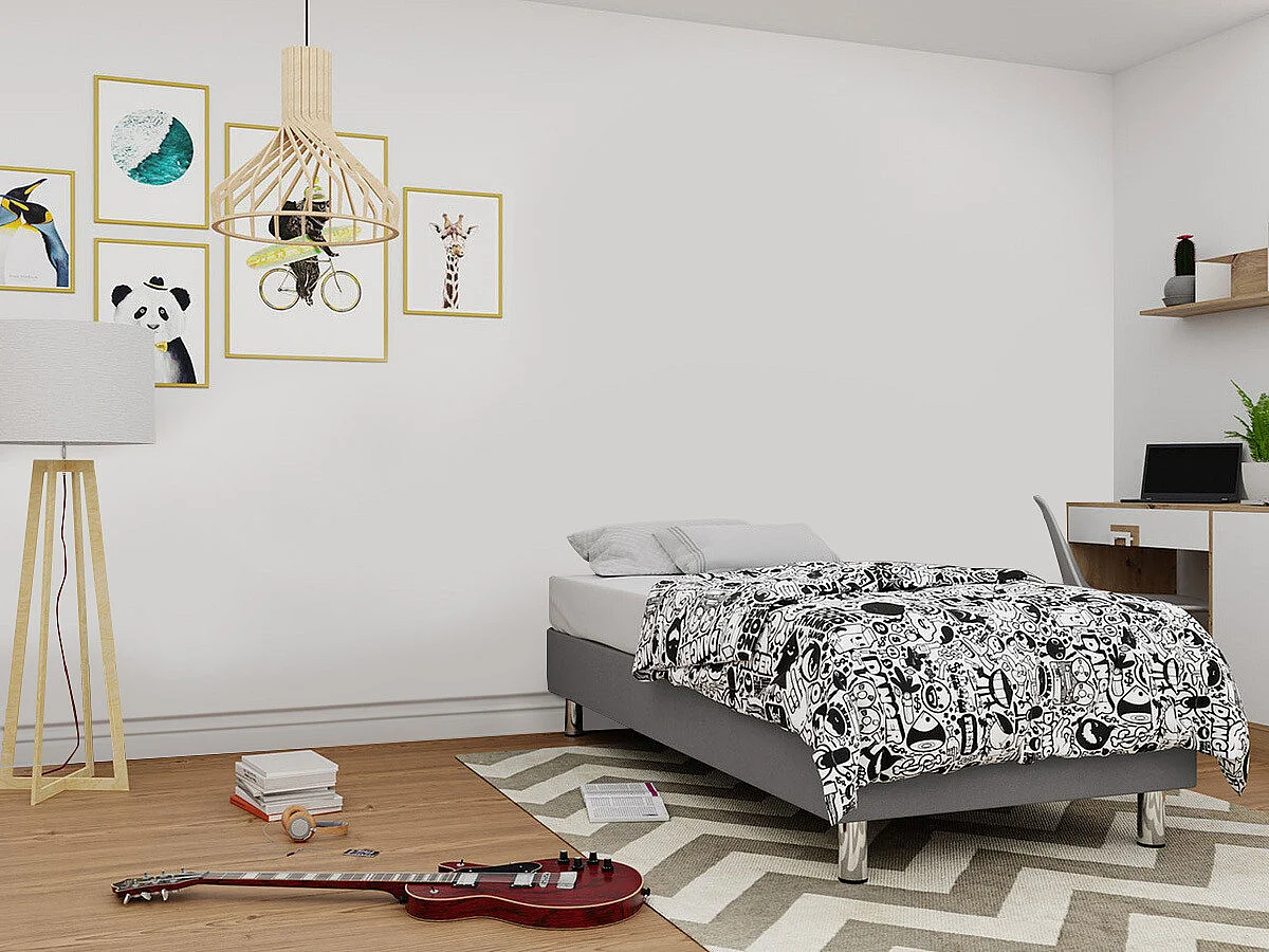 Lit continental Logan 101, Unique, Continental, Gris, 120x200, Tissu, Disponible, 120cm