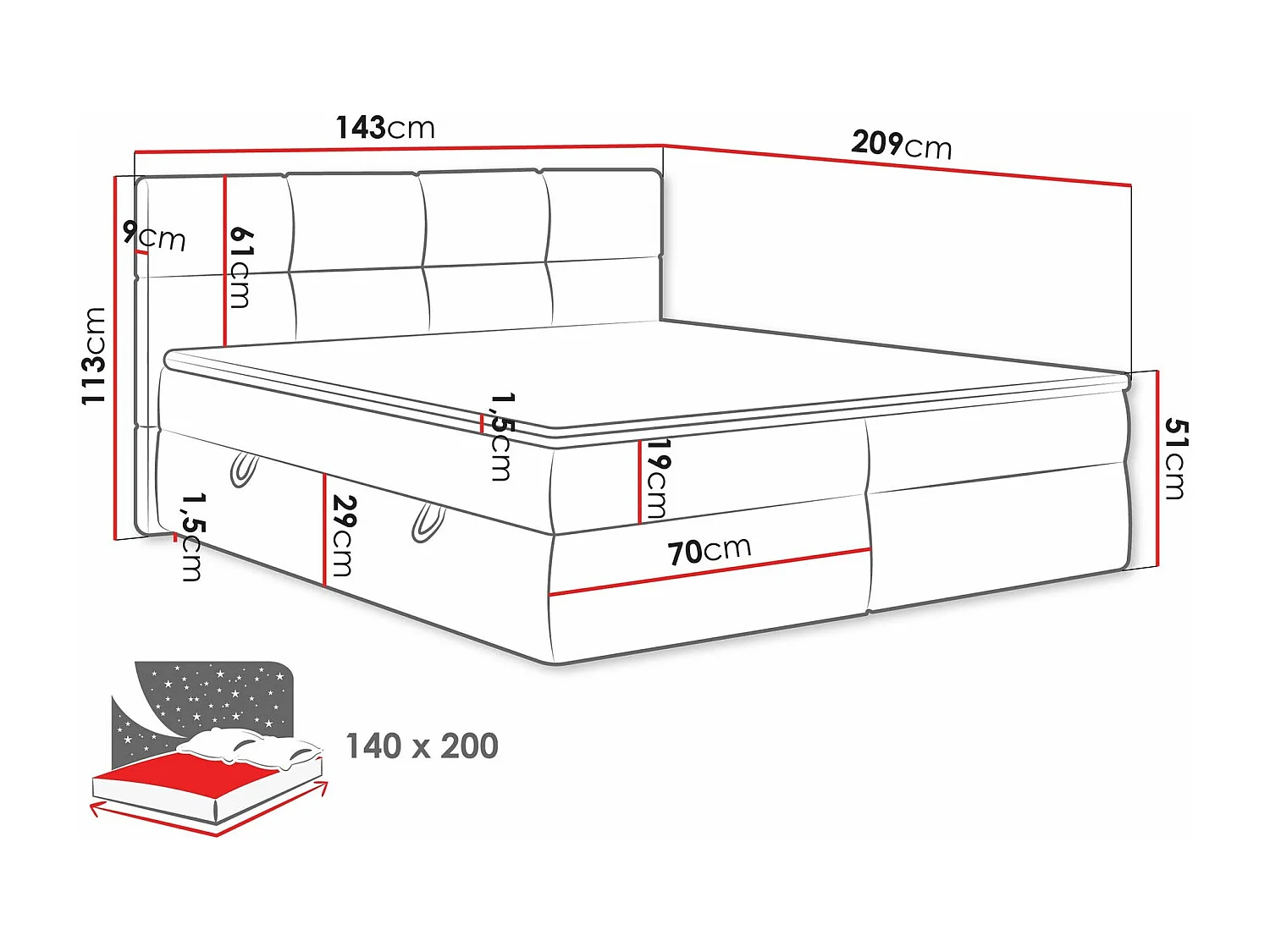 Cama continental ComfiDream 187, Continental, Doble, Gris, 140x200, Tapiz, Somieres,