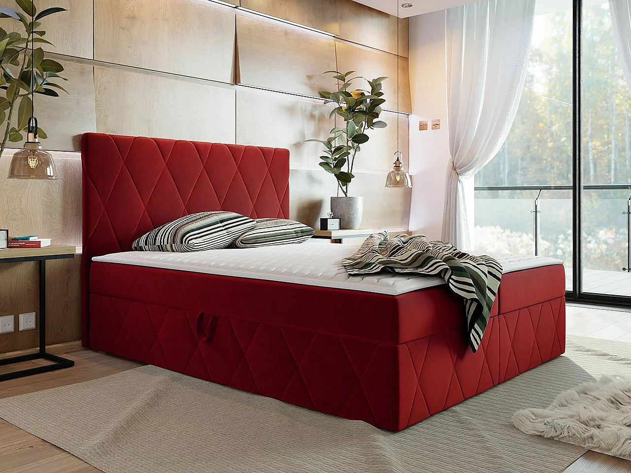 Lit continental Comfivo 225, Double, Continental, Rouge, 140x200, Tissu, Disponible,