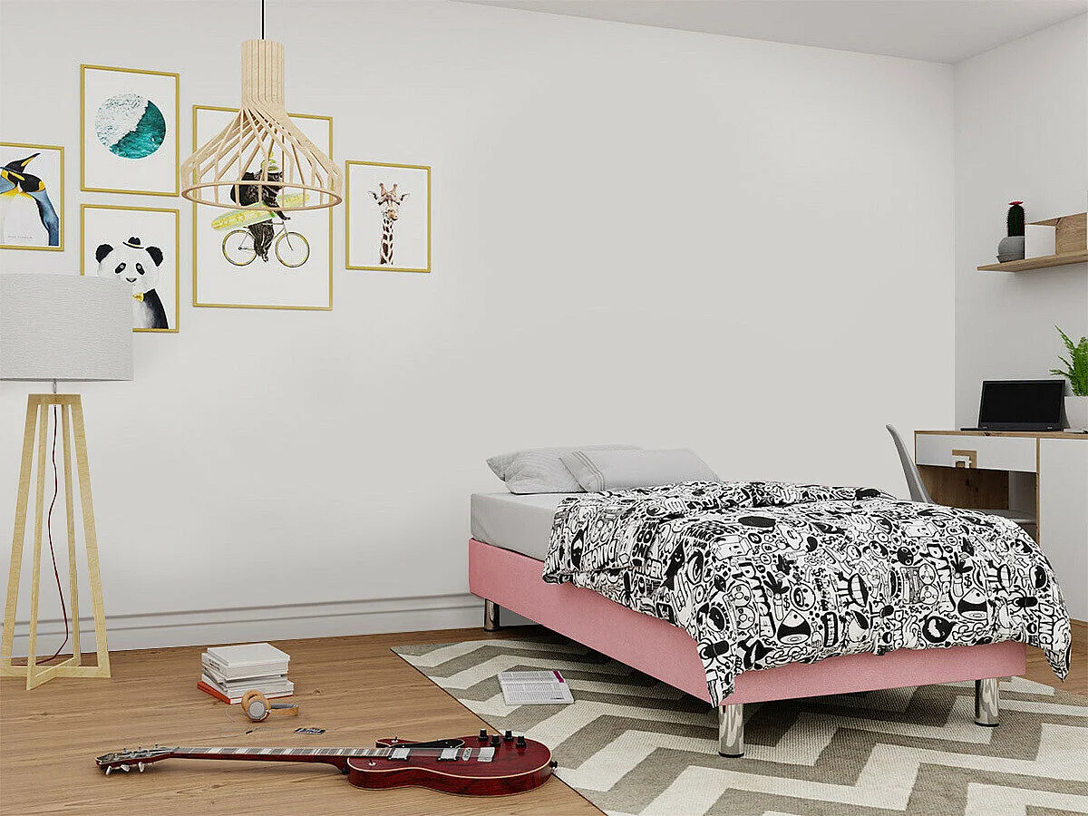 Lit continental Logan 101, Unique, Continental, Rose, 120x200, Tissu, Disponible, 120cm