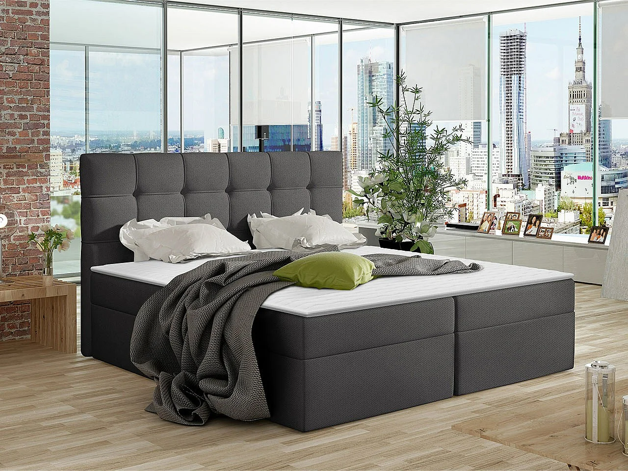 Cama continental Comfivo 195, Continental, Doble, Gris, 180x200, Tapiz, Somieres, 186cm