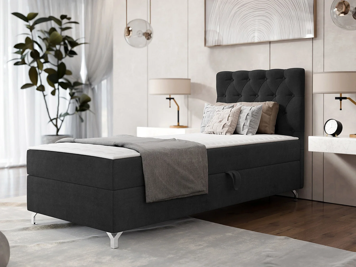 Cama continental Memphis 142, Continental, Individuales, Negro, 80x200, Tapiz, Somieres,
