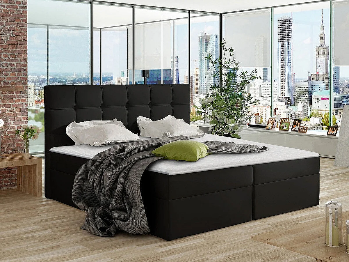 Lit continental Comfivo 195, Continental, Double, Noir, 140x200, Faux cuir, Disponible,