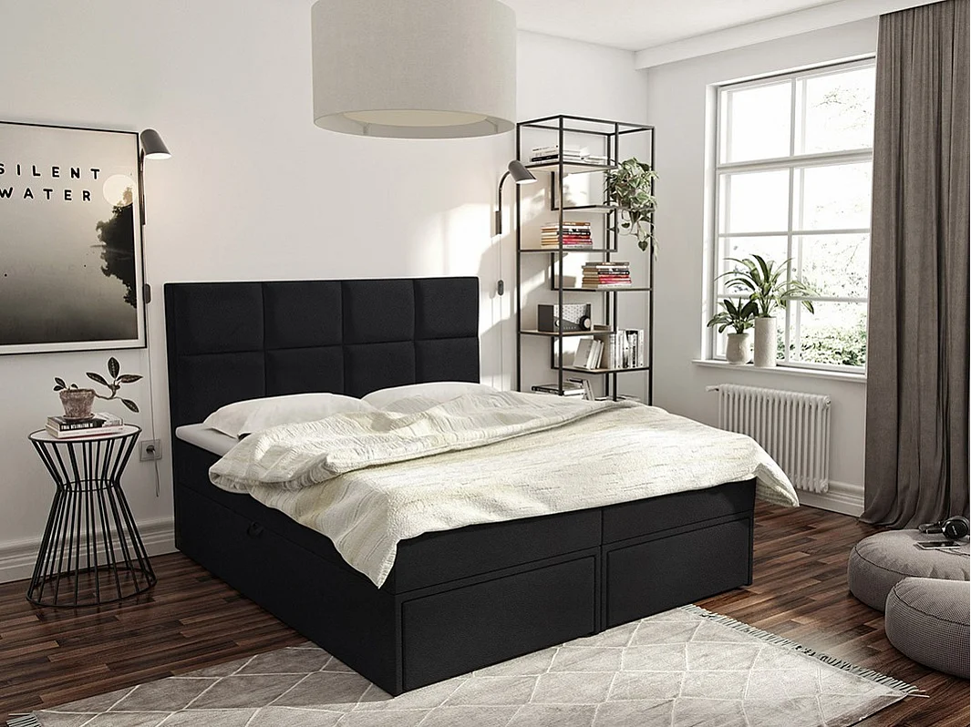 Cama continental Eugene 101, Doble, Continental, Negro, 180x200, Cuero ecológico, 180cm