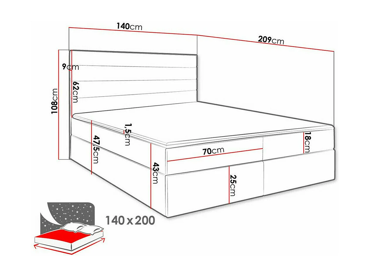 Lit continental Stamford 104, Double, Continental, Vert, 140x200, Tapisserie, 140x209cm